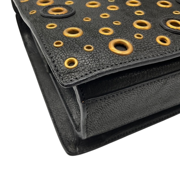 PRADA BLACK / GOLD GROMMET EMBELLISHED LOGO PLAQUE GRAINED LEATHER HANDBAG - Picture 9 of 13